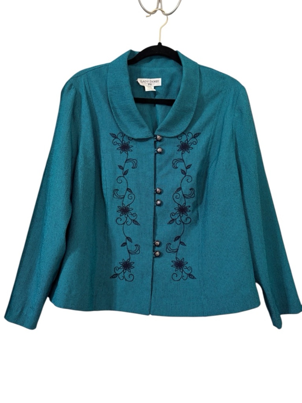Lady Dorby Turquoise Embroidered Jacket Petite 16WP Floral Button Front
